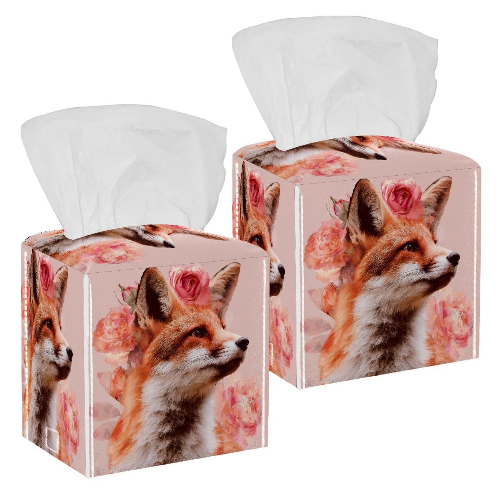 Beautiful Fox Tissue Box Cover, 2 Pack PU Leather Square Facial Tissue Dispenser Box holder for Home Office Car
