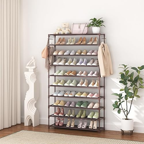 Miniatura 7 de Zapatero de 10 niveles, 50 pares, organizador de zapatos alto de gran capacidad, almacenamiento de zapatos resistente con dos ganchos, ahorra