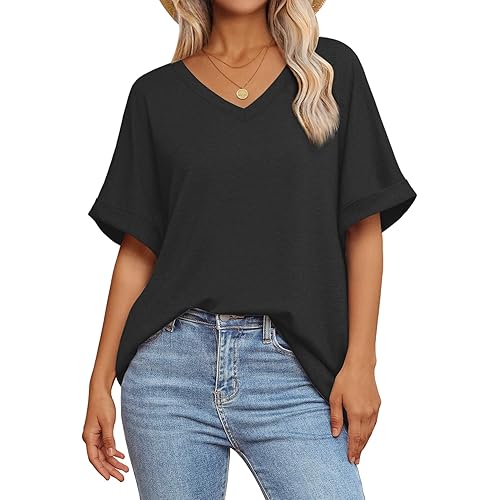 ATHMILE Womens Oversized T Shirts Loose Fit V Neck Short Sleeve Summer Casual Blouse 2025 Y2K Tee Tops