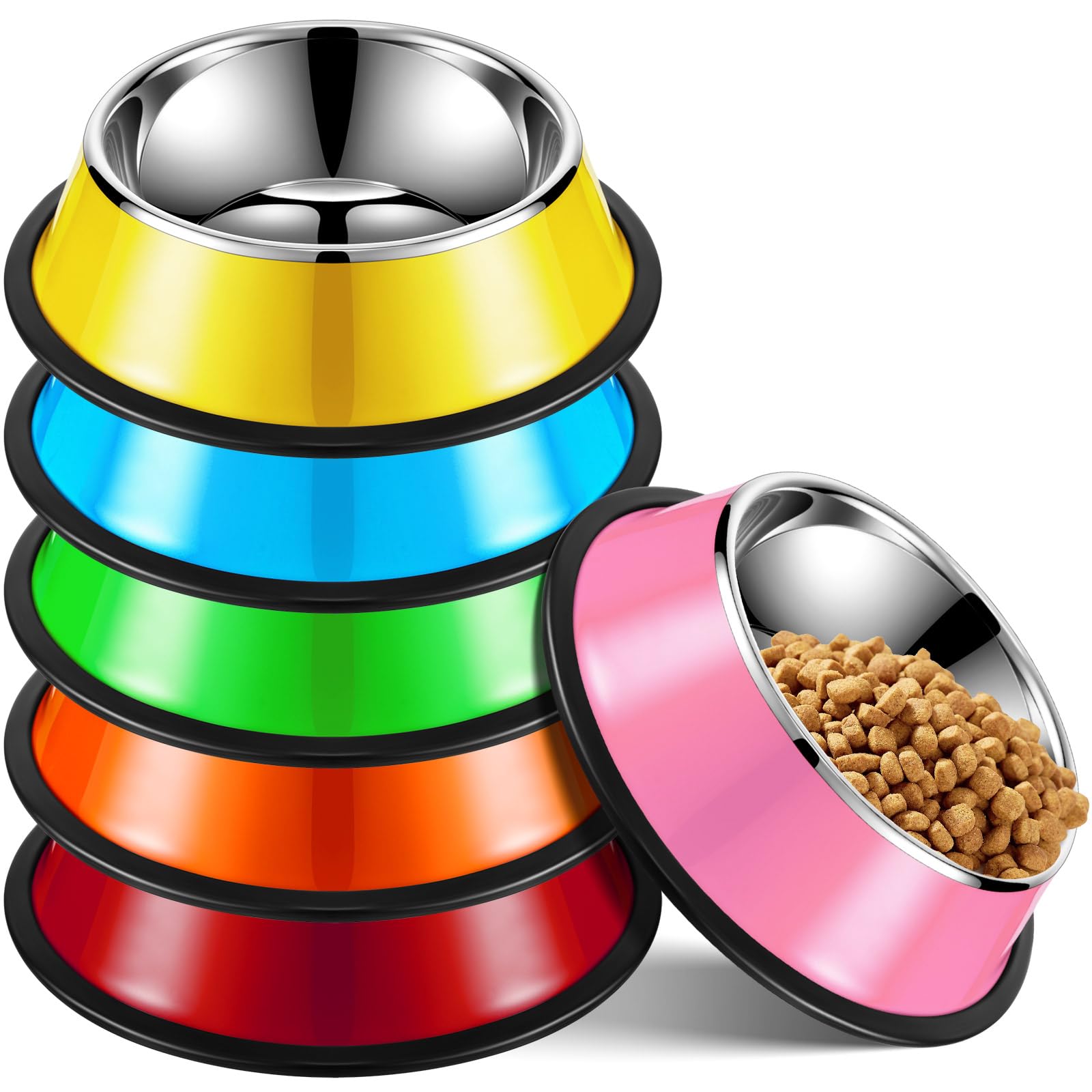 Roshtia 6 Pcs 18 oz Stainless Steel Dog Bowl, Spill Proof Dog Food Water Bowl with Anti Skid Silicone Base Stackable Pet Puppy Dishes for Medium Large