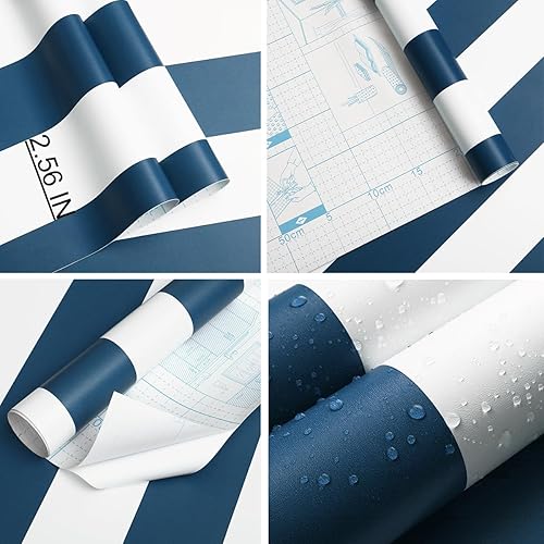 Miniatura 5 de Guvana Papel de contacto a rayas azules y blancas de 118 x 17.7 pulgadas, papel tapiz autoadhesivo extraíble, papel tapiz moderno para decoración de