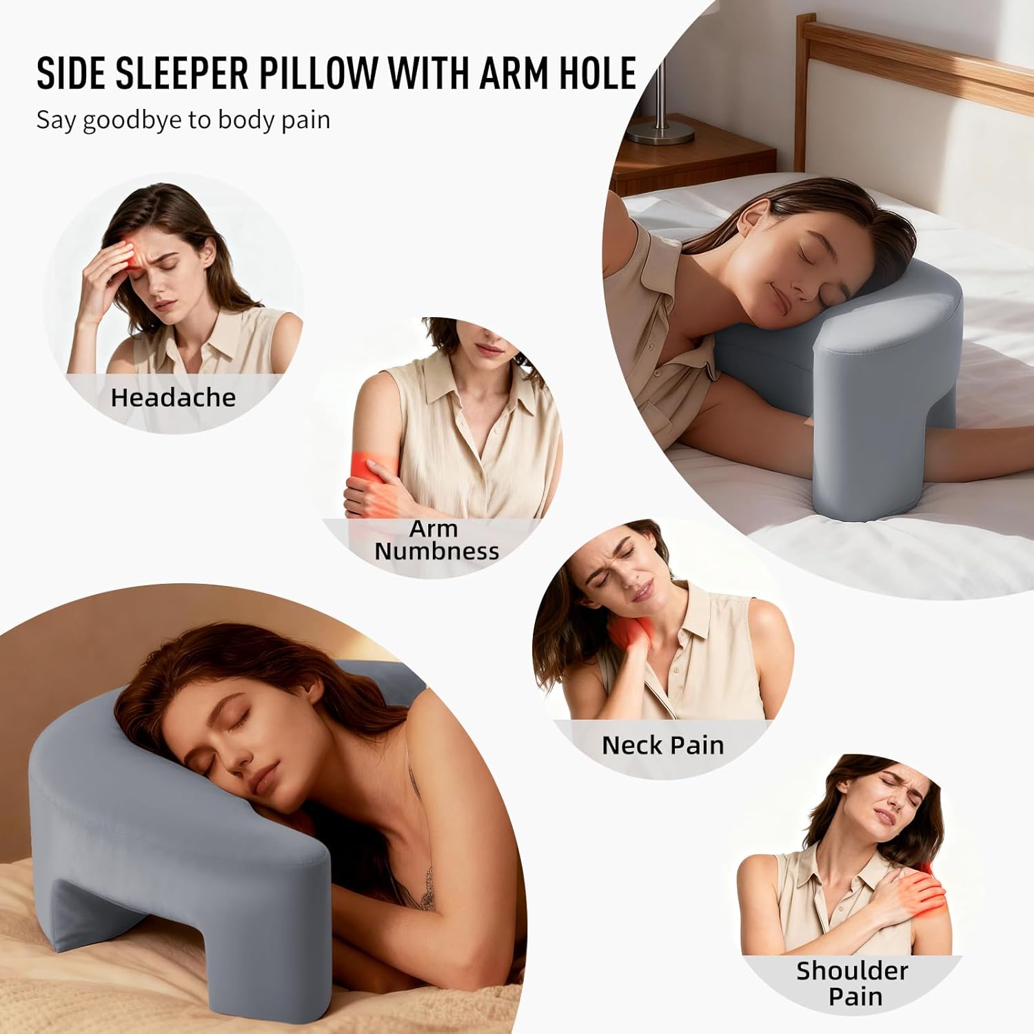 Side Sleeper Pillow with Arm Hole, Ergonomic Memory Foam Support Side Sleeper Pillows for Adults, Ideal for Cervical, Neck, Shoulder and Rotator Cuff Pain Relief, Grey