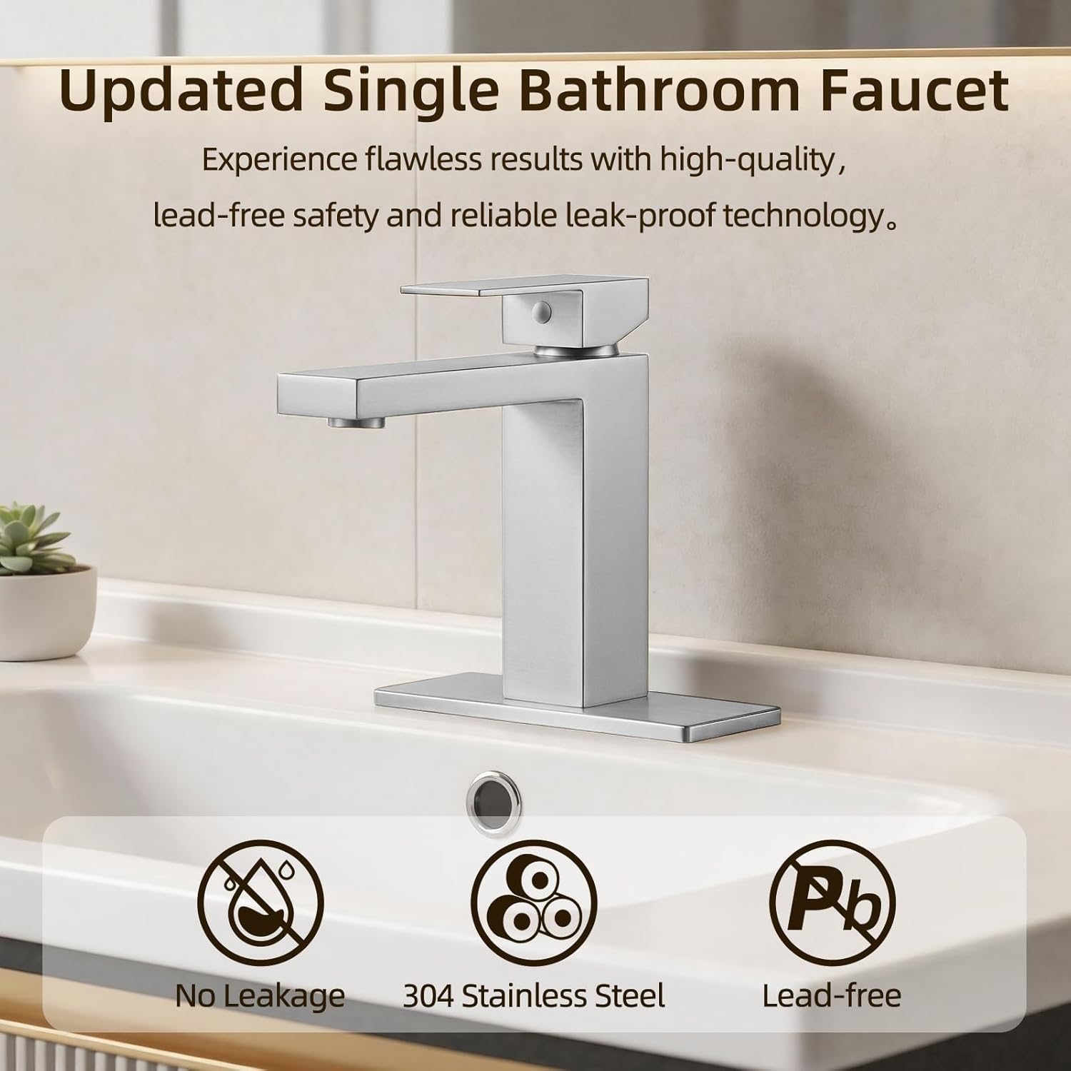 Brushed Nickel Bathroom Faucet Single Hole, 304 Stainless Steel Lead-Free Faucet with Anti-Fingerprint Surface, Single Handle Vanity Faucet with Deck Plate and Pop-Up Drain