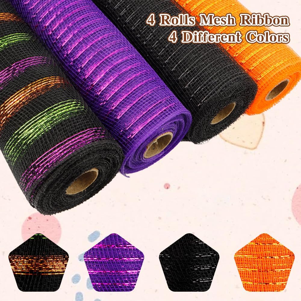 4 Rolls Mesh Ribbon, Halloween Deco Mesh Fabric with Foil Ribbon Crafts