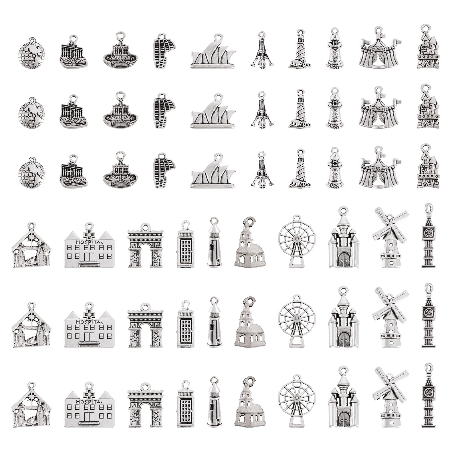 Spritewelry 100Pcs Antique Silver Building Theme Charms Tibetan Style Alloy Bldg Charms Urban Architecture Pendants for Bracelet Necklace Earrings Jewelry Making DIY Crafting 20 Styles