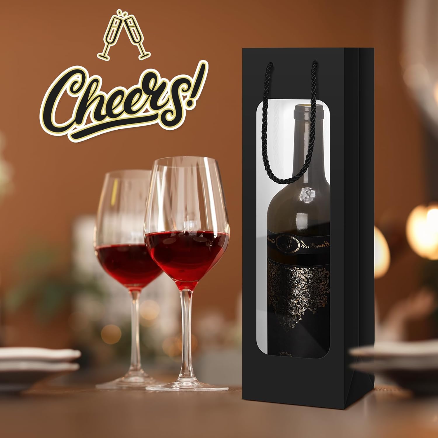 Tioncy 24 Pcs Single Wine Bottle Gift Bag Bulk Wedding Champagne Boxes with Clear Window Handles Reusable Holiday Party Favor(Black)