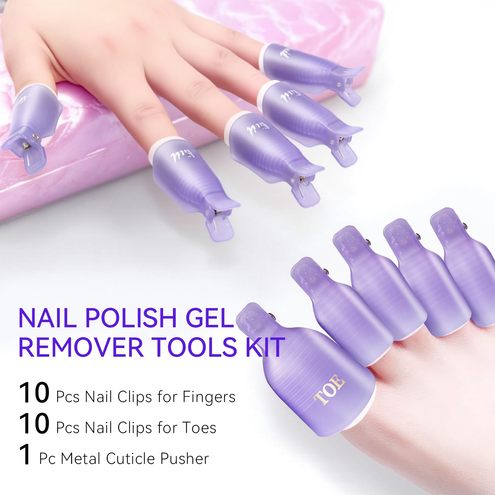 Clips de uñas para quitar el esmalte de gel, con empujador de cutículas de metal de doble extremo, 20 piezas de plástico reutilizable para dedos y dedos de los pies clips para remoción de 7