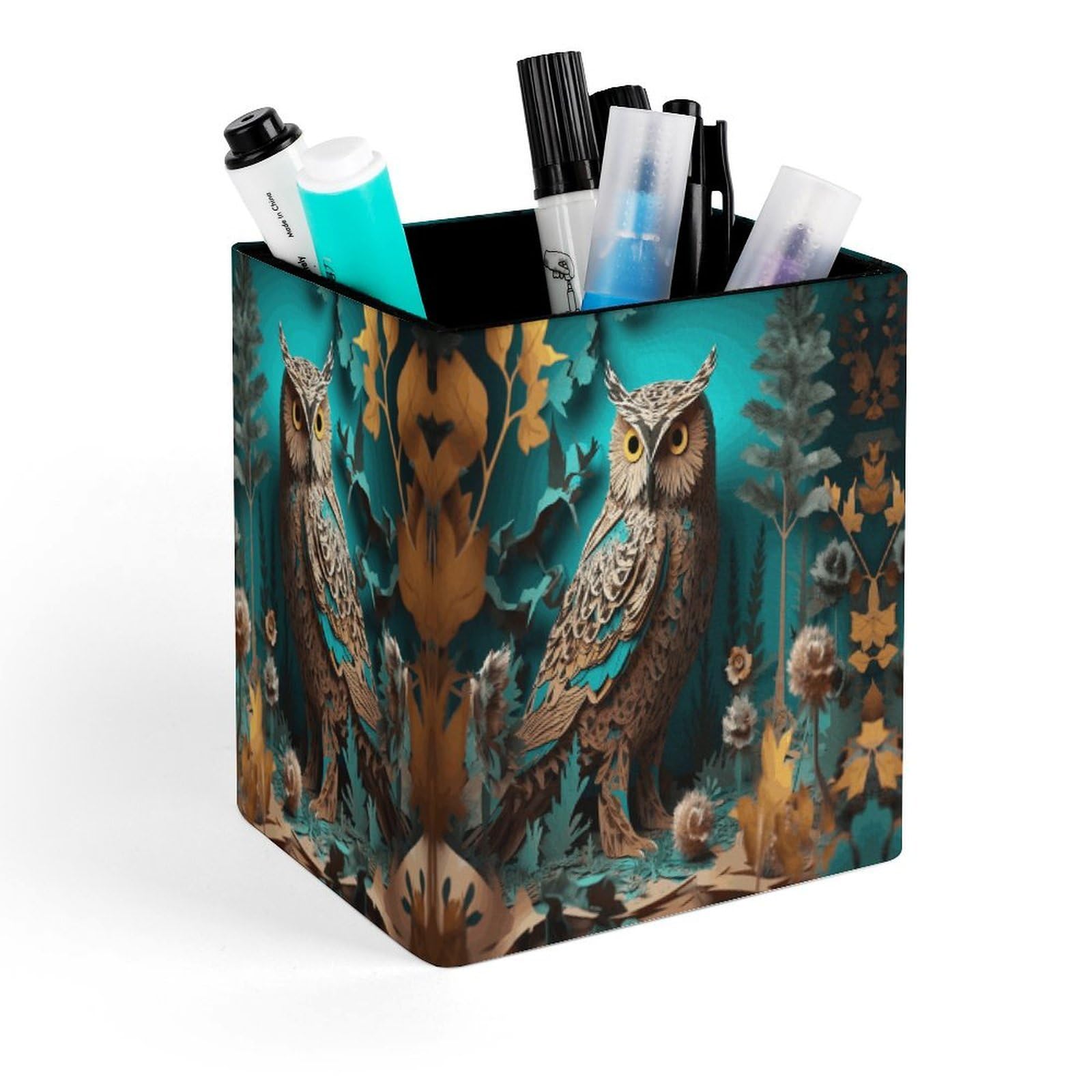 VstaDank Owl Pen Holder Square Pencil Holder Leather Pencil Cup Pen Organizer Makeup Brush Holders Pen Cups Desktop Stationery Organizer for Home Office Desk Organizers