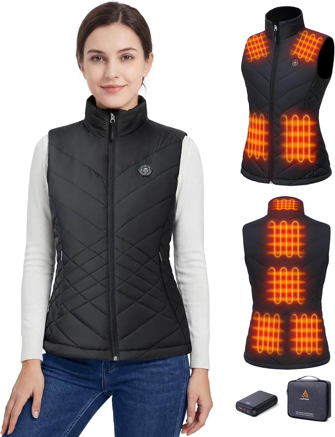 Chaleco Calefactable Mujer, Chaleco Calefactable con Batería Incluida de 16000mAh 7.4V, 9 Áreas de Calefacción, 3 Niveles de Temperatura Ajustables, Chaleco Térmico para Actividades al Aire Libre