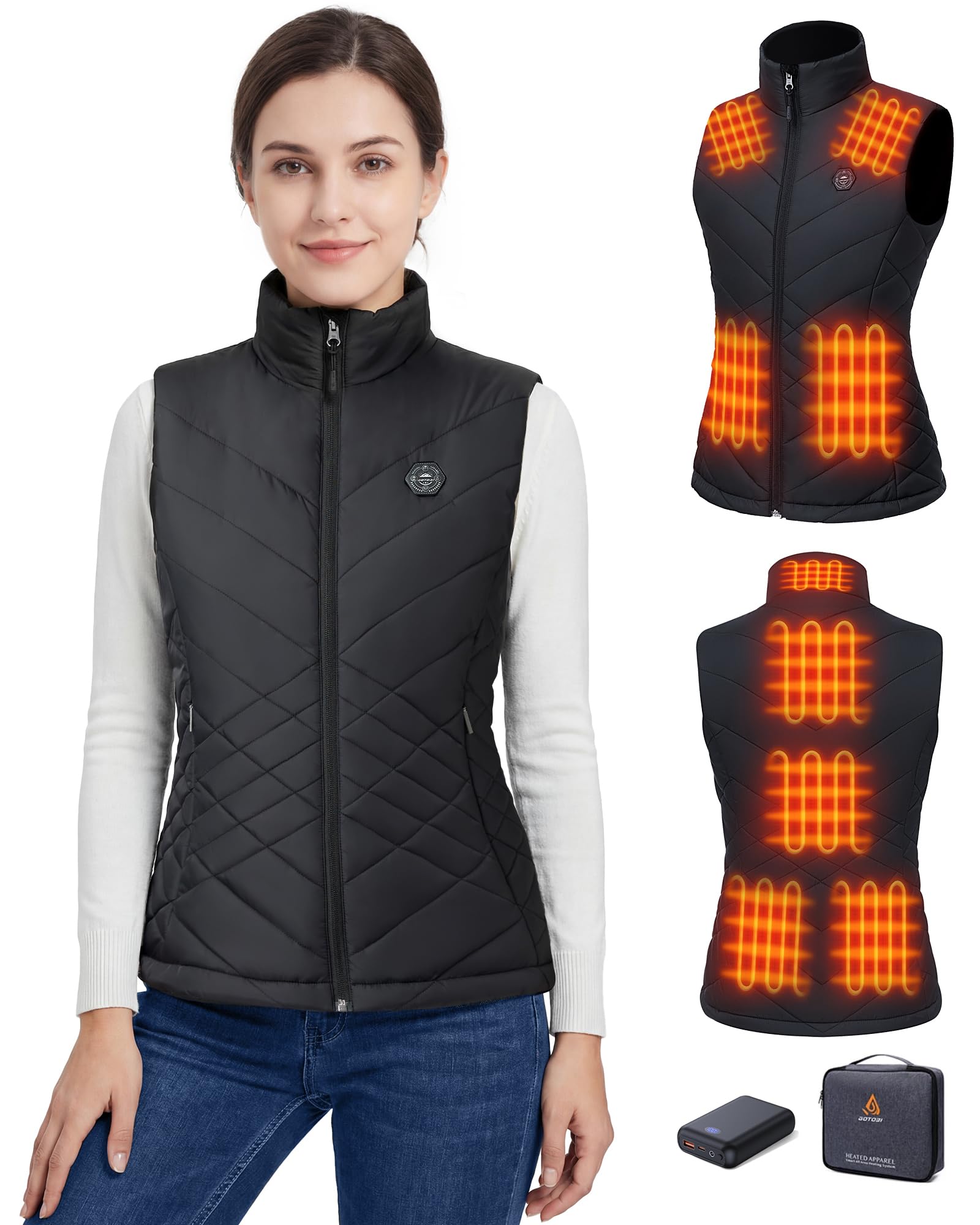 Chaleco Calefactable Mujer, Chaleco Calefactable con Batería Incluida de 16000mAh 7.4V, 9 Áreas de Calefacción, 3 Niveles de Temperatura Ajustables, Chaleco Térmico para Actividades al Aire Libre