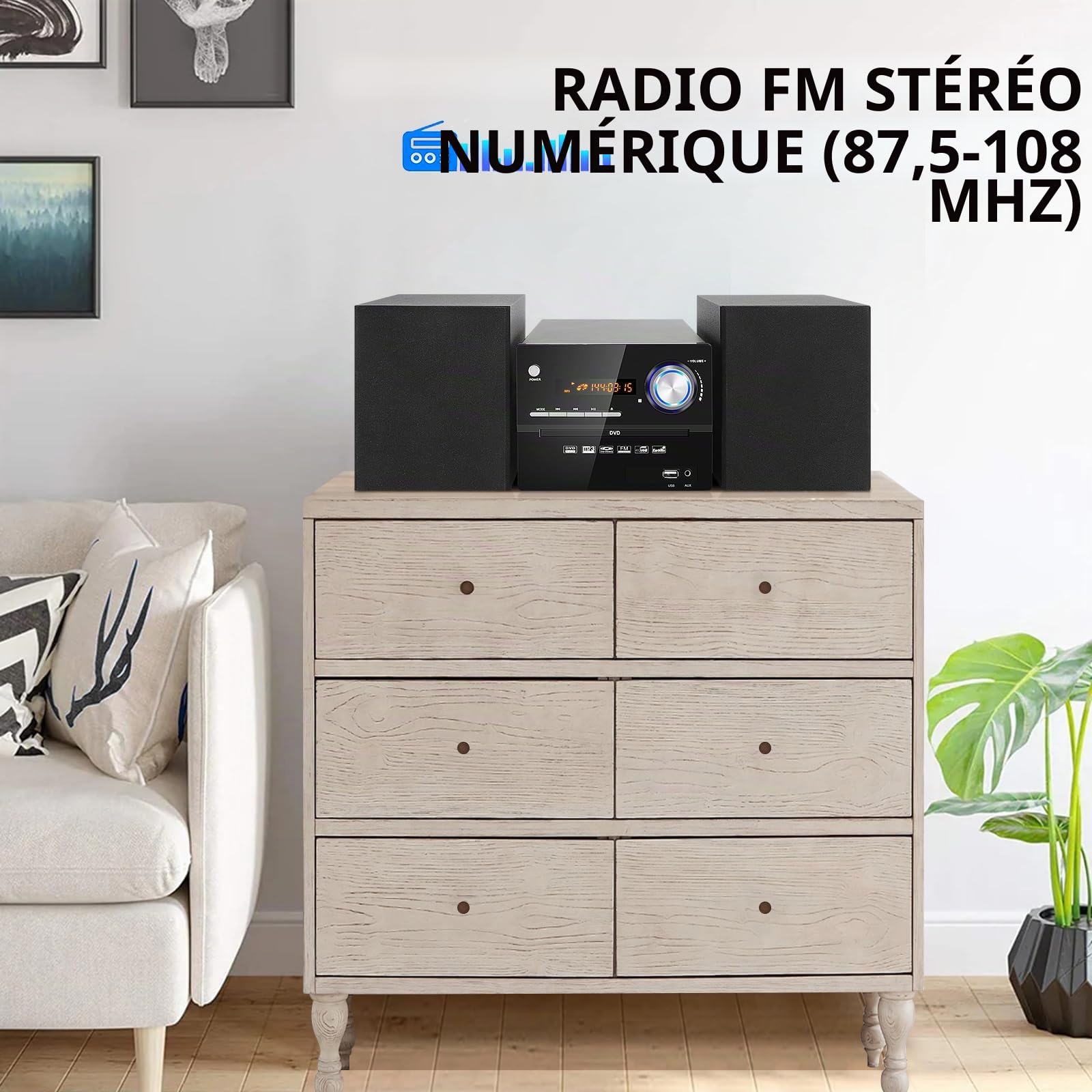 Mini Chaîne HiFi CD, Micro Chaînes Hi-FI Stéréo 30W, Micro-Système Audio Bluetooth, Radio FM, Lecteur CD/DVD Stereo, Entrée Auxiliaire, Lecture USB et Sortie RCA, Design Élégant Adapté pour la Maison