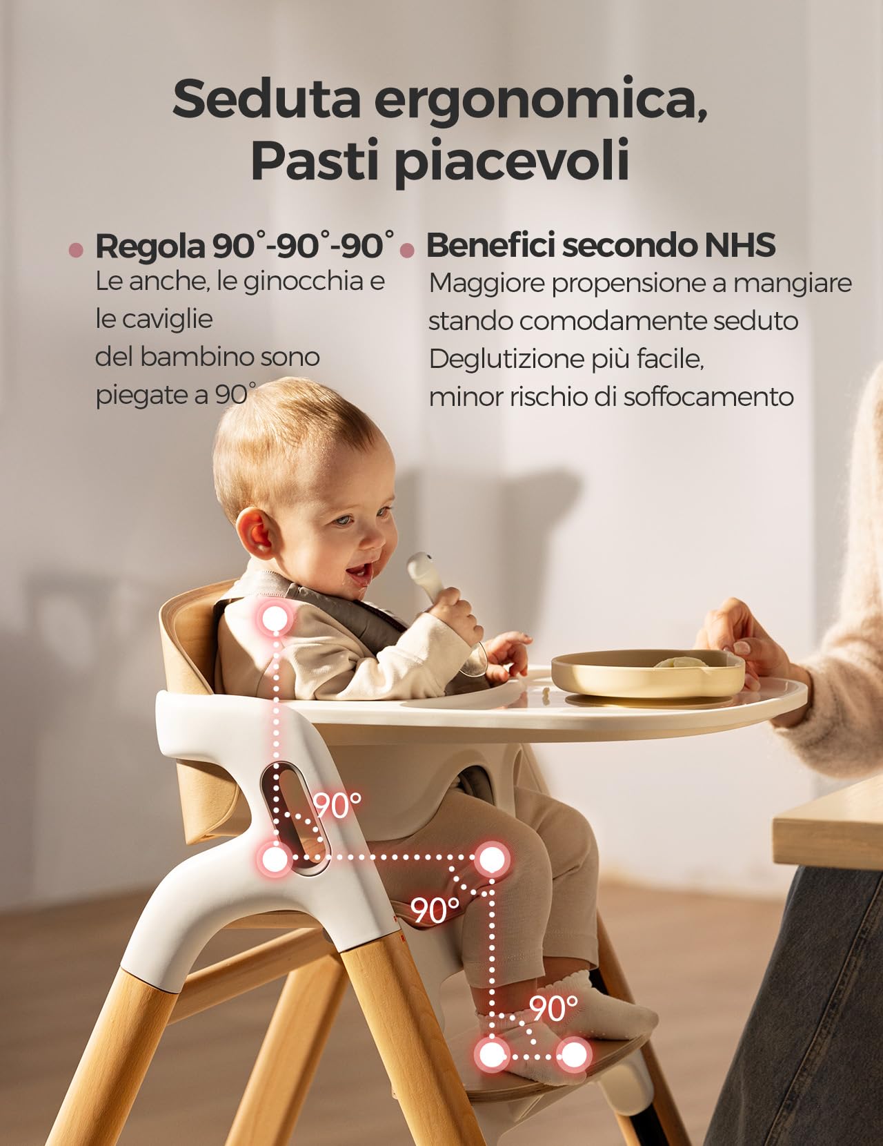 Momcozy DinerPal - Seggiolone in legno per neonati, bambini e adulti, fino a 140 kg | Seggiolone trasformabile con vassoio per alimenti, lavabile in lavastoviglie, regolabile ed ergonomico, in legno naturale