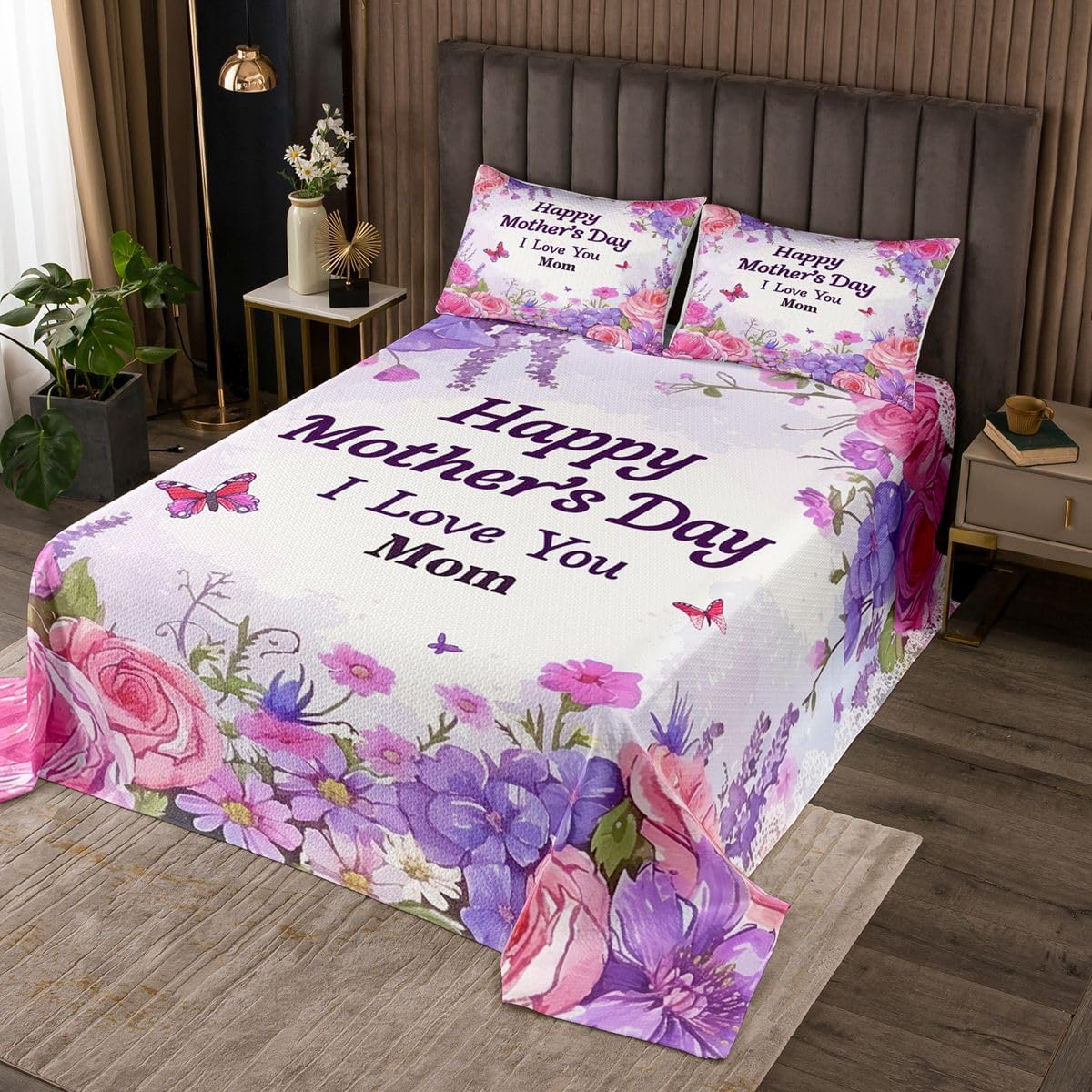 jejeloiu Mother's Day Bedspread 3 Pieces King Size Carnation Floral Coverlet Set Soft Cozy Pink Flower Lightweight Quilted Coverlet for All Season with 2 Pillowcases