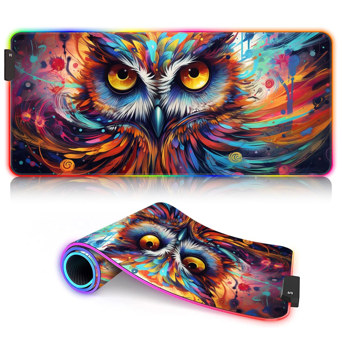 Tappetino per mouse con gufo animale, tappetino per mouse da gioco ROG, tappetino per mouse a LED, grande tappetino per mouse da gioco (60 x 35 x 0,3 cm) con bordi cuciti, scrivania per PC e laptop