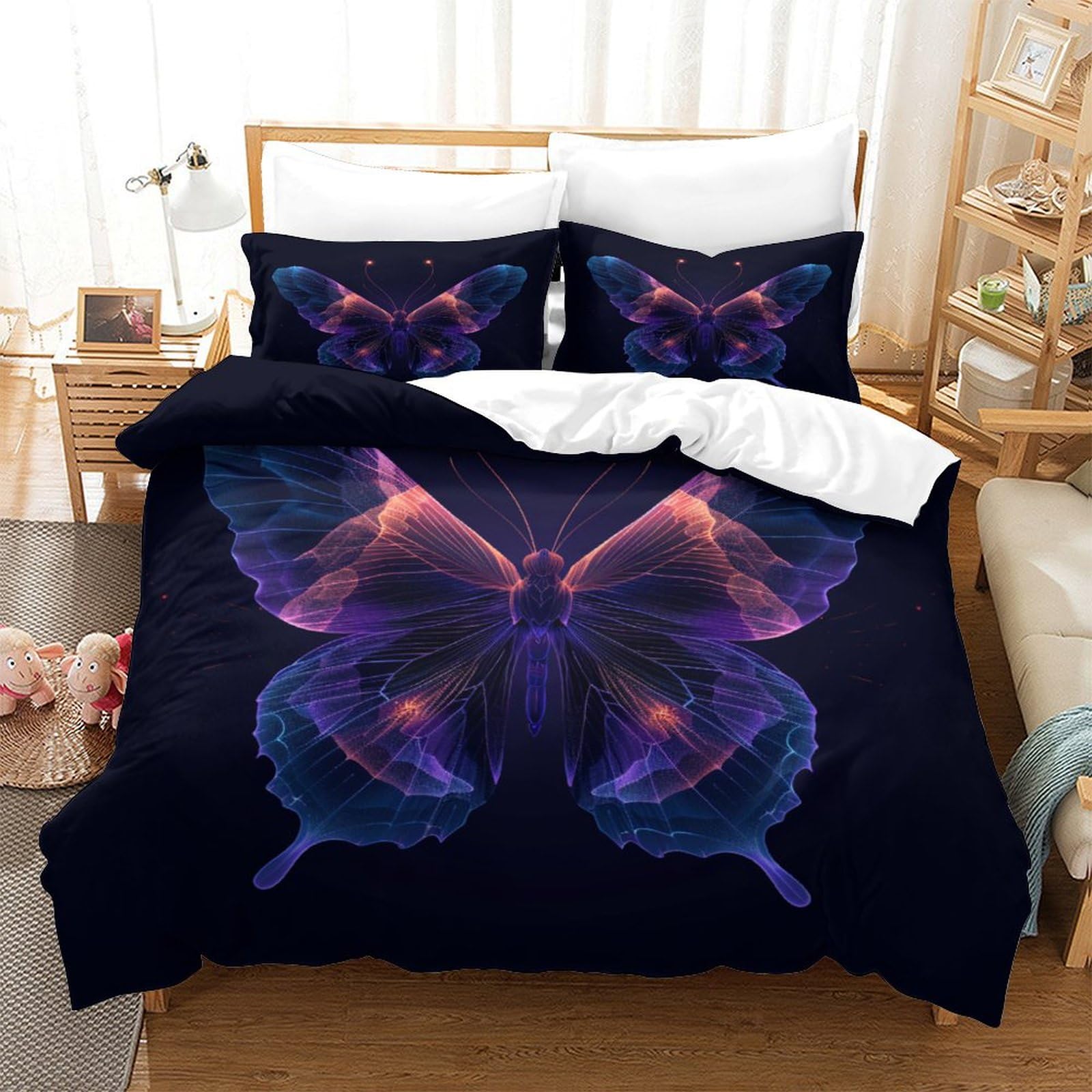 P1S9U7W5Y Dreamy Butterfly 3D Printed Duvet Cover Set 3 Pieces Soft Microfiber Bedding, Butterfly Design Bedroom Decor, Breathable for Adults Double（200x200cm）
