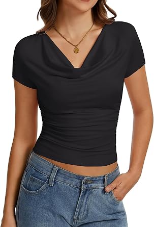 Womens Cowl Neck Tops Short Sleeve Slim Fit Ruched T-Shirts Summer Casual Dressy Business Blouses Going Out Top