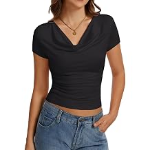 Women's Cowl Neck Tops Short Sleeve Slim Fit Ruched T-Shirts Summer Casual Dressy Business Blouses Going Out Top