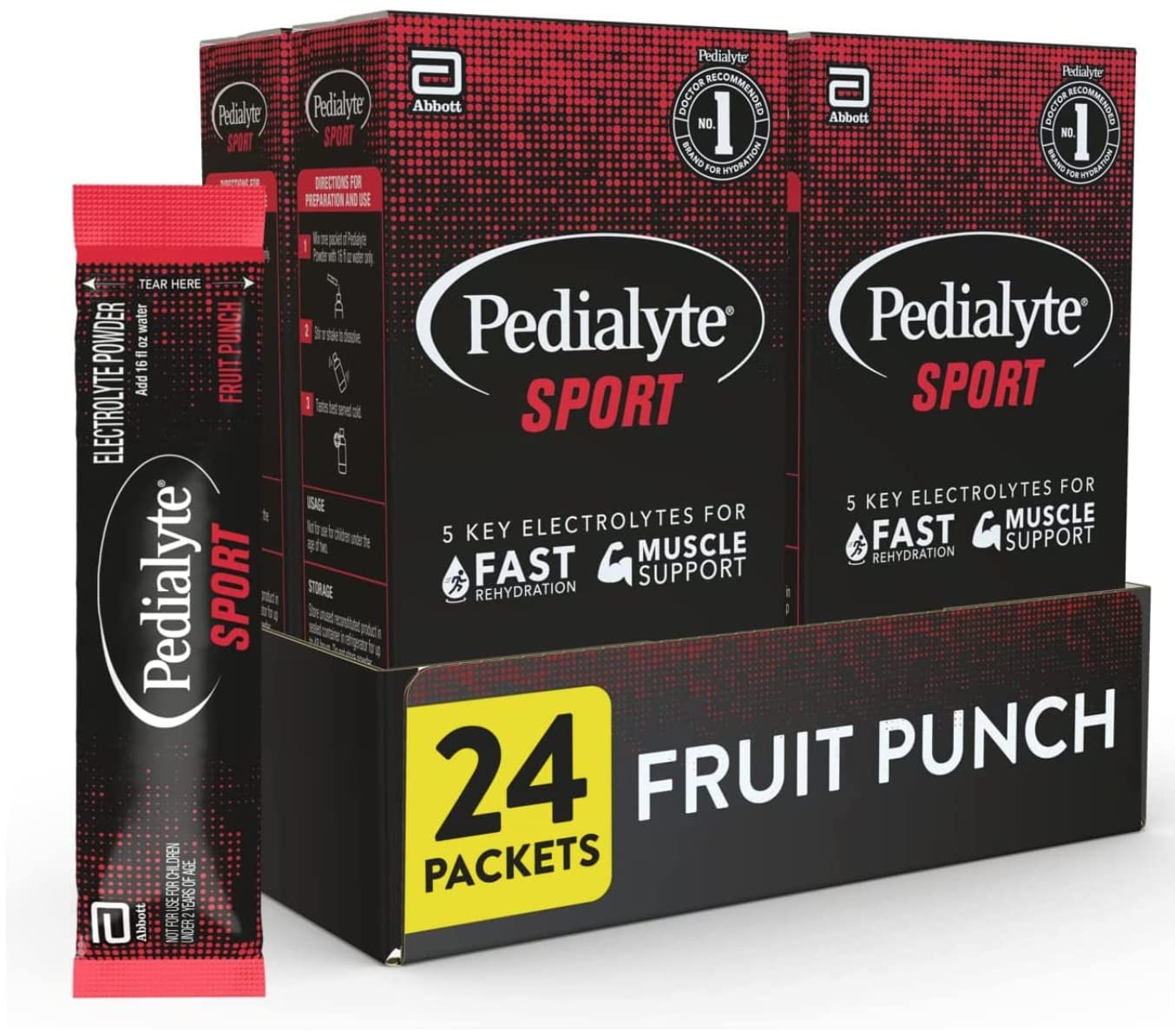 PedialyteSport Electrolyte Powder, Fast Hydration with 5 Key Electrolytes for Muscle Support Before, During, & After Exercise, Fruit Punch, 2.94-oz - Pack of 4