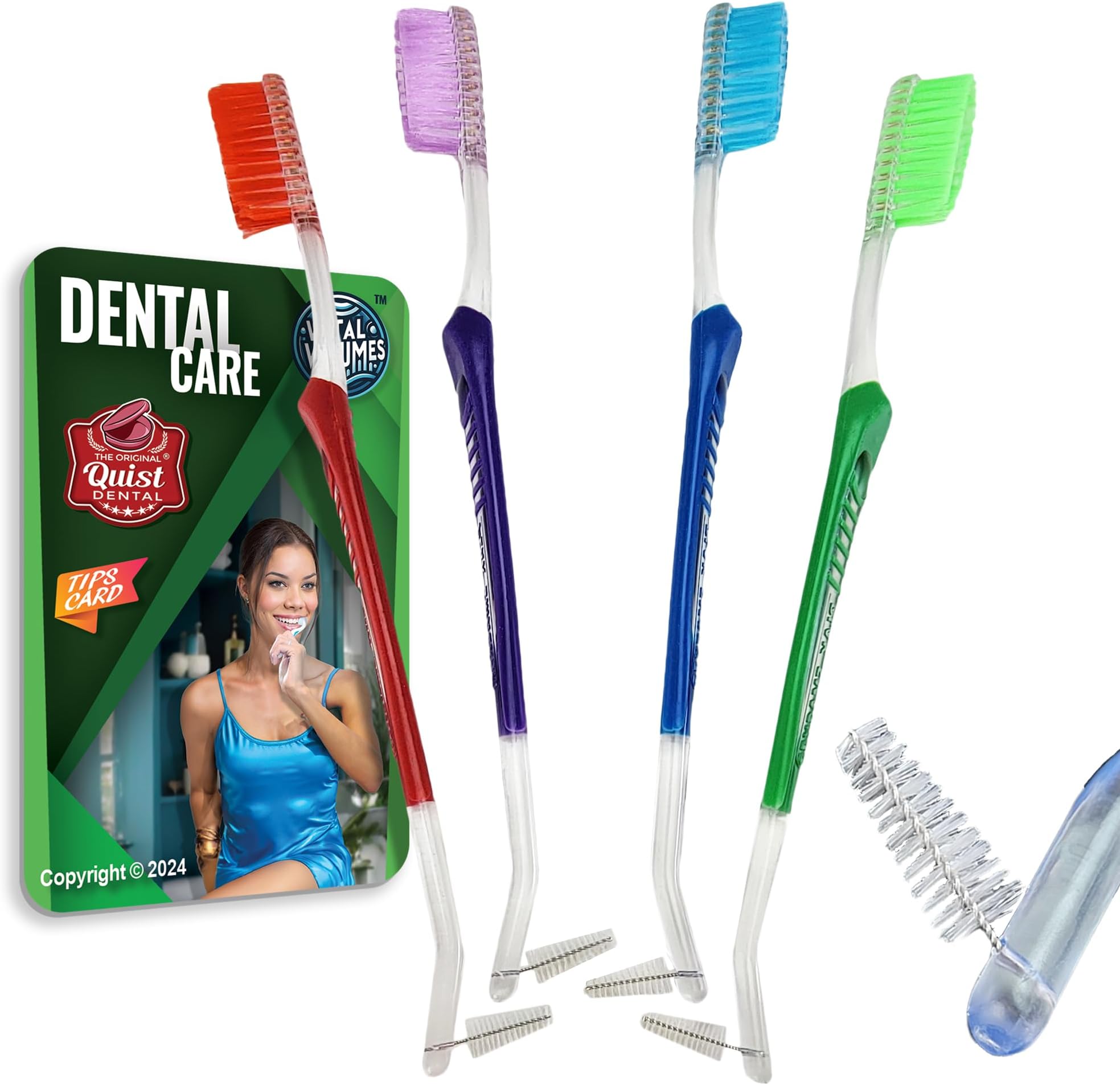 Quist DentalPlak Smacker Orthodontic Toothbrush V-Trim Double-Ended Brush with Interproximal Head for Cleaning Ortho Braces, 4 Count and Vital Volumes Care Tips Card | Bundle