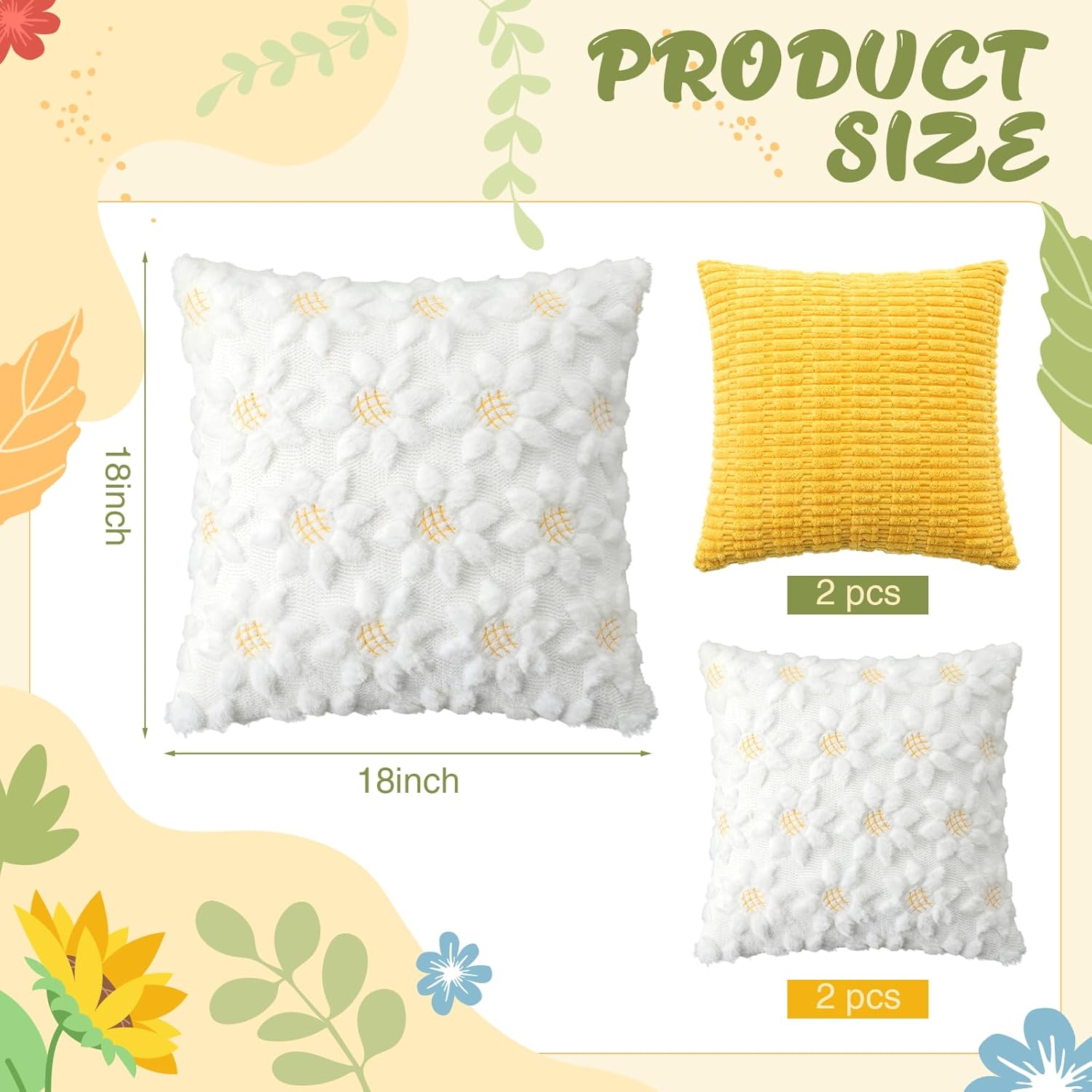 HunnmingRe 4 Pcs Spring Pillow Covers 18 x 18 Inch Sunflower Decorative Mustard Yellow Corduroy Decorative Fluffy Plush Accent Spring Pillow Cases for Chair Sofa Bedroom Living Room Home Decor