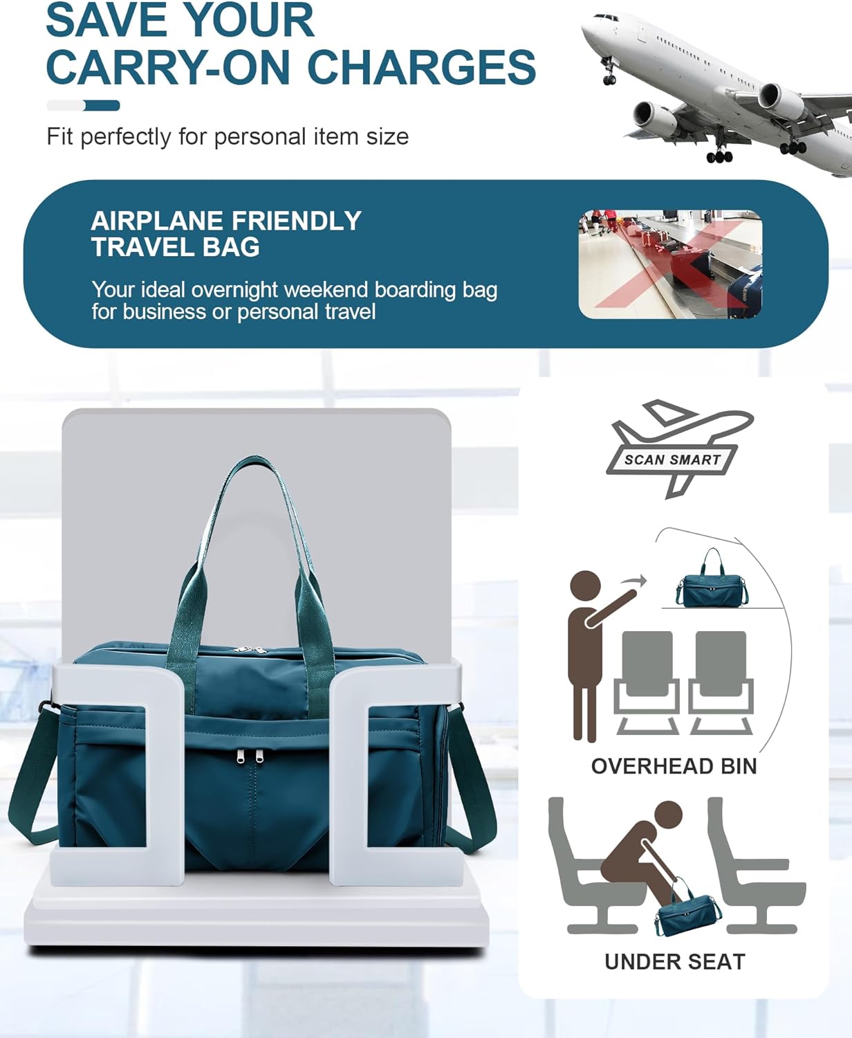 Gym Bag for Women Men with Shoe Compartment, Sport Duffel Bag, Waterproof Travel Weekender Overnight Carry on Bag for Yoga with Trolley Sleeve, Peacock Blue - Image 6