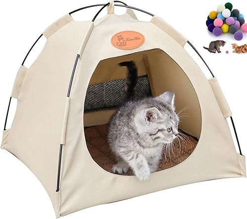 Miniatura 1 de Camas para gatos, tienda de campaña para interiores y exteriores con 10 juguetes, extraíble antideslizante, cueva para gatos, beige, plegable,