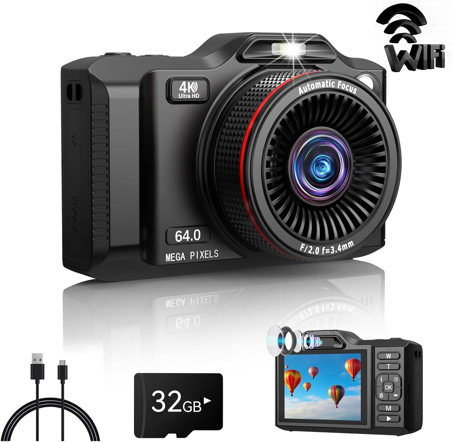 RAZPLYN Digital Camera,4K 64MP Autofocus Vlogging Camera with Dual Lens,18X Zoom/WiFi/32GB Card/,Point and Shoot Cameras for Boys Girls Gifts (XJ600-Black)