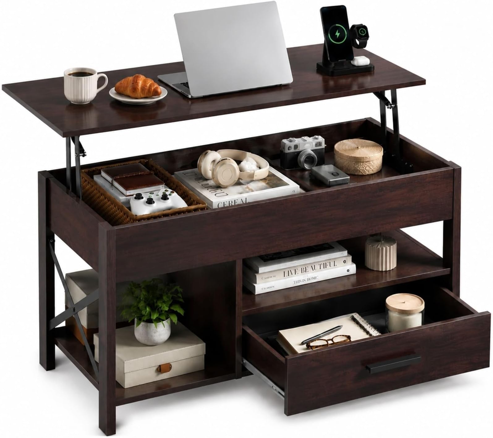 WLIVE Lift Top Coffee Table for Living Room/Dining/Office, Espresso | Modern Farmhouse Wooden Coffee Table; 38.6"W x 18.9"D x 17.7"H