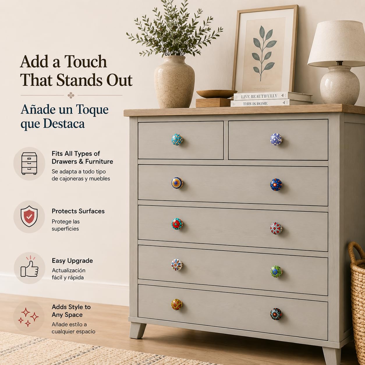Nacnic 10 Pomos de Cerámica con Flores Estilo Mandala | Tiradores Artesanales para Cocina Cajones Armarios Muebles de Baño | Perillas de Pintadas a Mano | Diámetro y Longitud Perno 40 mm