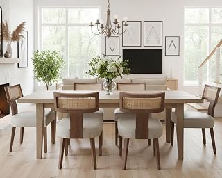 HNY Mid Century Modern Rattan Dining Chairs Set of 6, Farmhouse PU Leather Upholstered Accent Chair Curved Backrest Kitchen Chairs, with Hardwood Frame, Grey