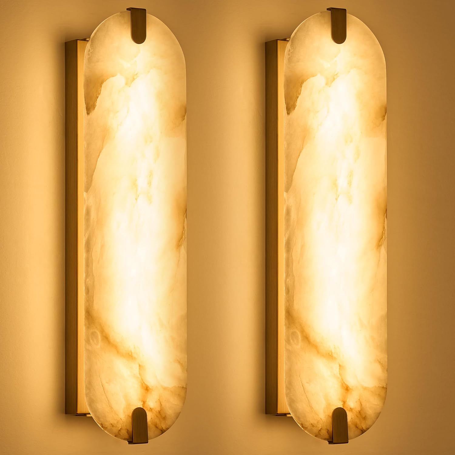 ZEROUNO Alabaster Wall Sconces Set of Two, 22.8 Natural Marble Wall Sconces Wall Lighting, Dimmable Wall Light Fixtures for Bedroom Living Room Stairs Vanity Hallway Bedside,Brushed Gold