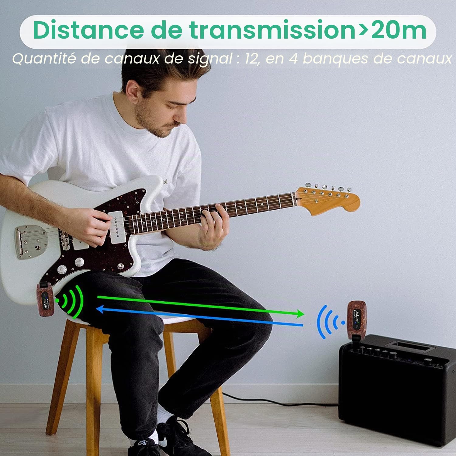 AKLOT Système de Guitare sans Fil Émetteur Récepteur Ensemble de 2,4 GHz de Batterie au Lithium Rechargeable intégrée numérique pour Basse de Guitare électrique