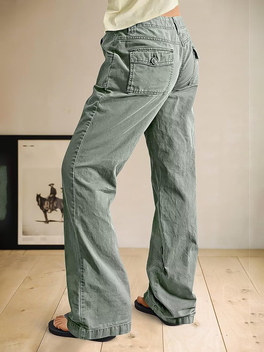 Flamingals Straight Leg Pants for Women Mid Rise Casual Drawstring Solid Patch Pocket Bootcut Pants - Image 3