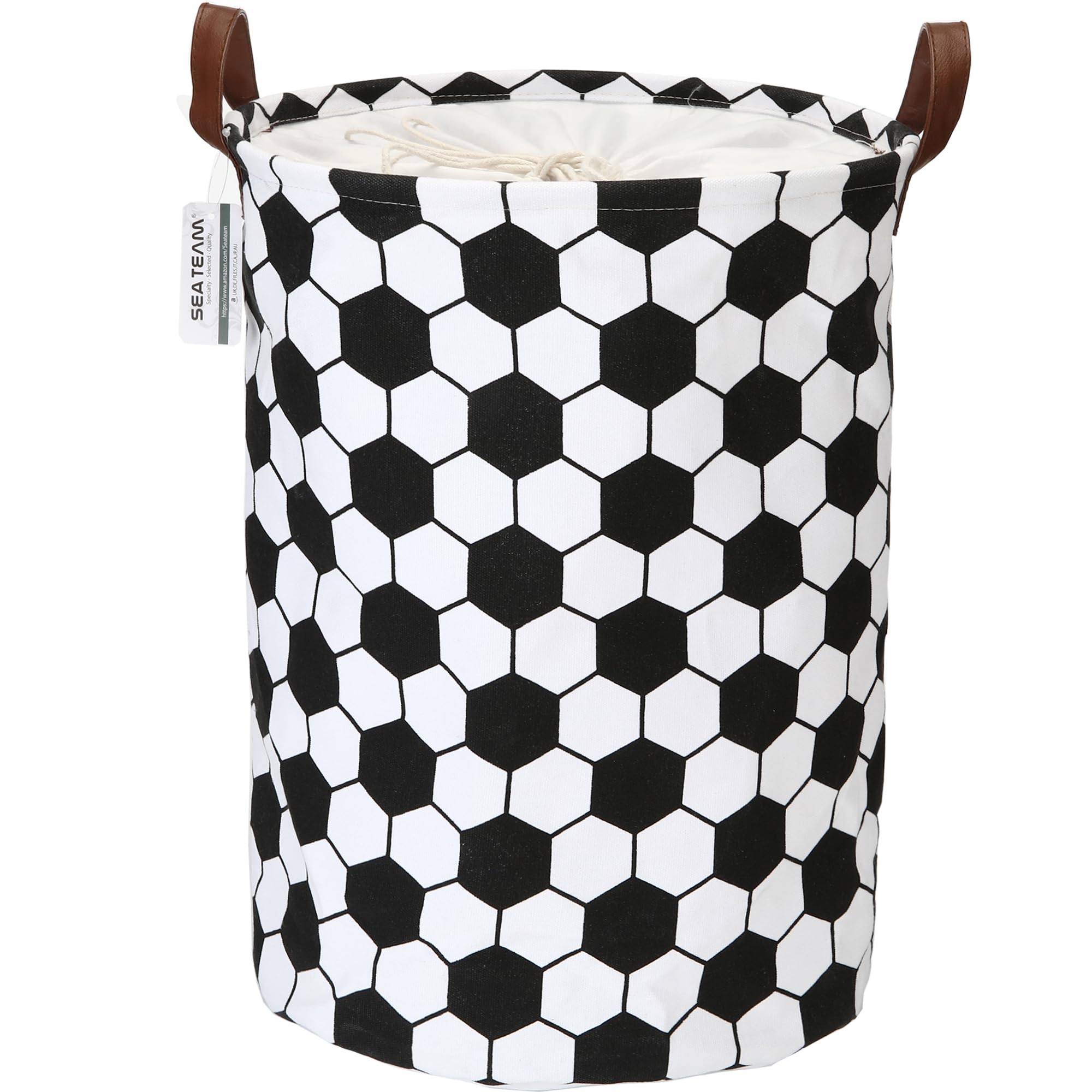 Sea Team Football Pattern Laundry Hamper Canvas Fabric Laundry Basket Collapsible Storage Bin with PU Leather Handles and Drawstring Closure, 17.7 by 13.8 inches, Waterproof Inner, Black โ image 1