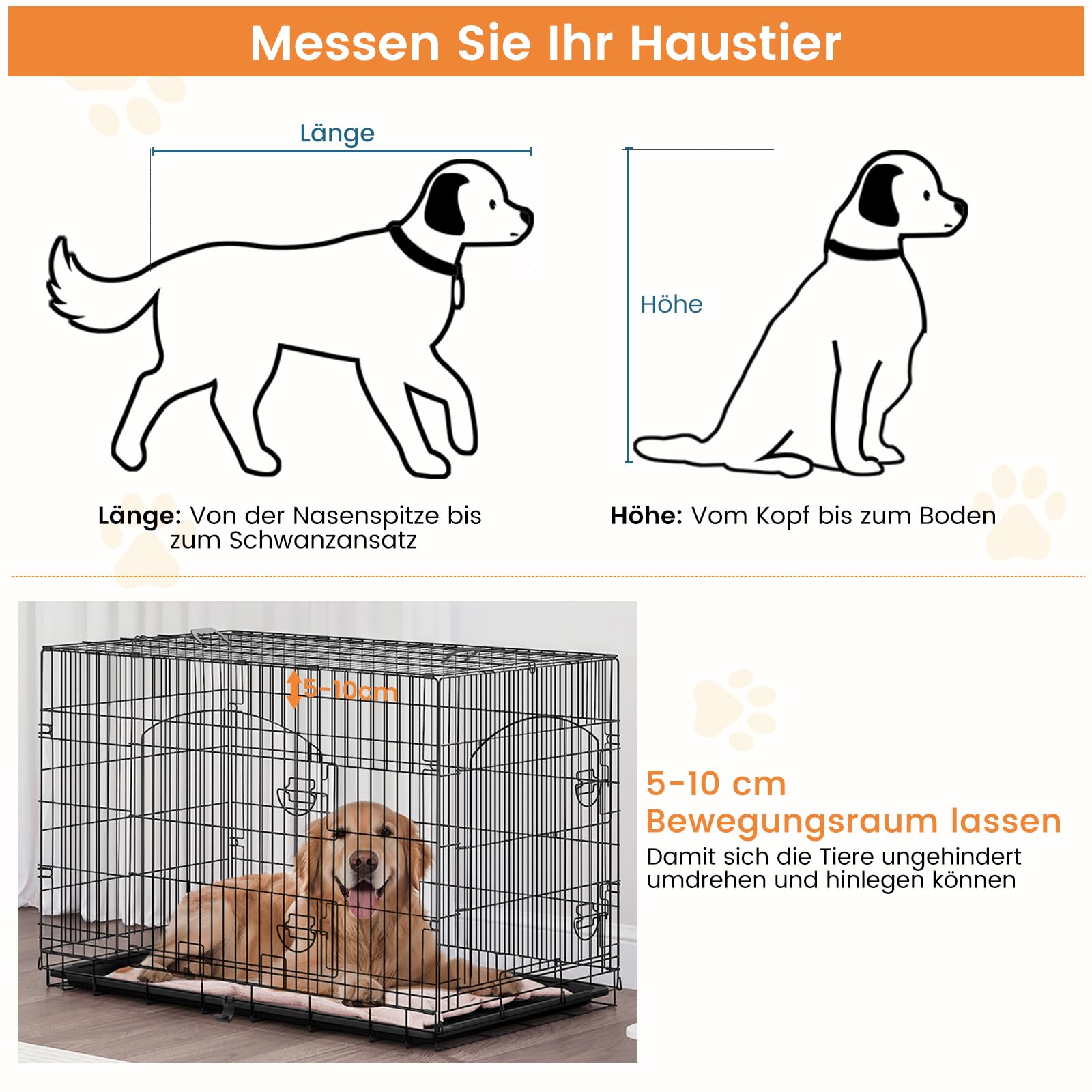 EUGAD Hundebox, Hundekäfig Metalldraht mit ausziehbare Bodenschale | Hundekäfig Faltbar 2 Türen, Hundebox zuhause 108x76x69cmTransportkäfig, Hundetransportbox für Hunde Welpe mittelgroße