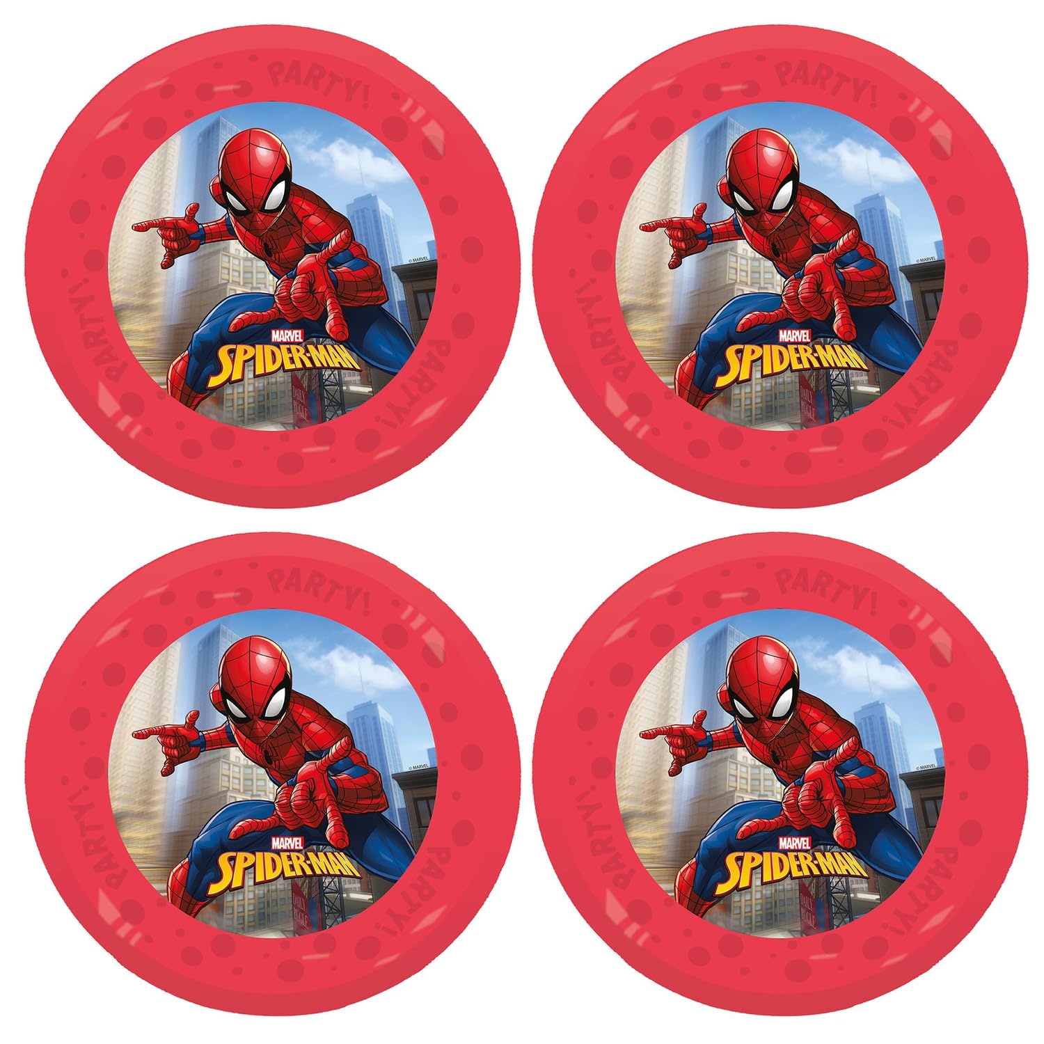 Procos - Spiderman Plastic Plates 4 Pack Reusable Party Tableware for Birthday or Theme Party Superhero
