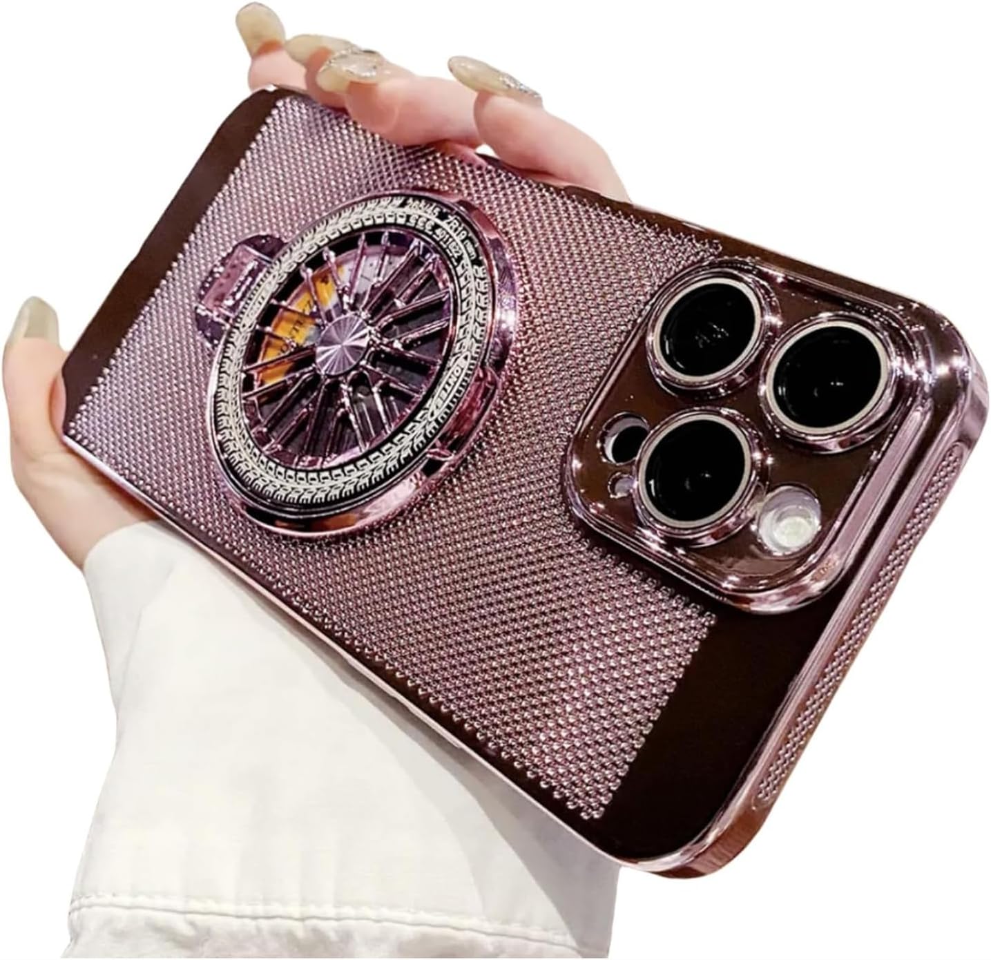 Magnetic Bracket Mobile Phone case, Suitable for iPhone11/12/13/14/15/16/17 Promax Heat Dissipation Electroplating Rotating Gyroscope Mobile Phone case (Rose Gold,iPhone 11Pro)