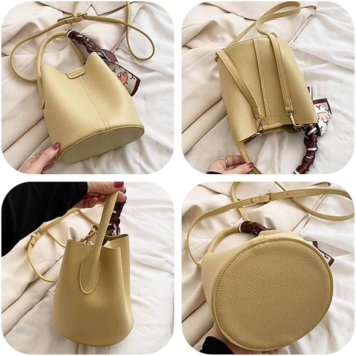 Cute Macaroon Bucket Bag for Women Faux Leather Crossbody Bag Small Purse Handbag Shoulder Bag Silk Ribbon Woven Handle