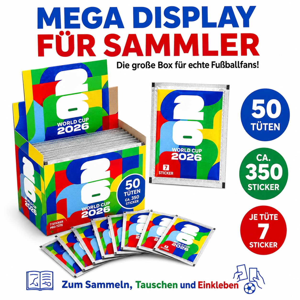 WM 2026 Sammelsticker Box – 50 Stickertüten mit insgesamt 350 Stickern | Fußball Sticker Sammlung zum Tauschen, Sammeln und Einkleben