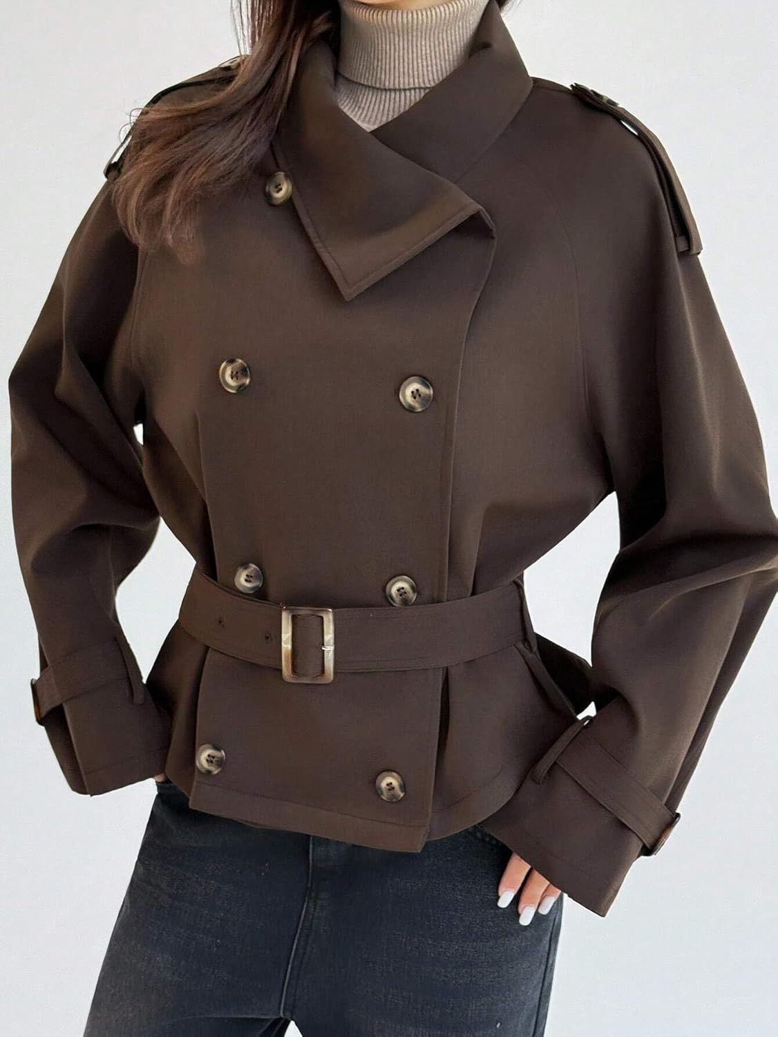 Womens Fashion Trench Outwear Casual Solid Color Double-Breasted Trench Coat Jacket Coat