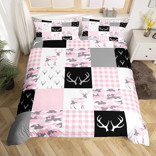 Miniatura 5 de Manfei Juego de funda de edredón de camuflaje rosa para niños, tamaño Queen, funda de edredón con estampado de cuernos de ciervo y animales salvajes