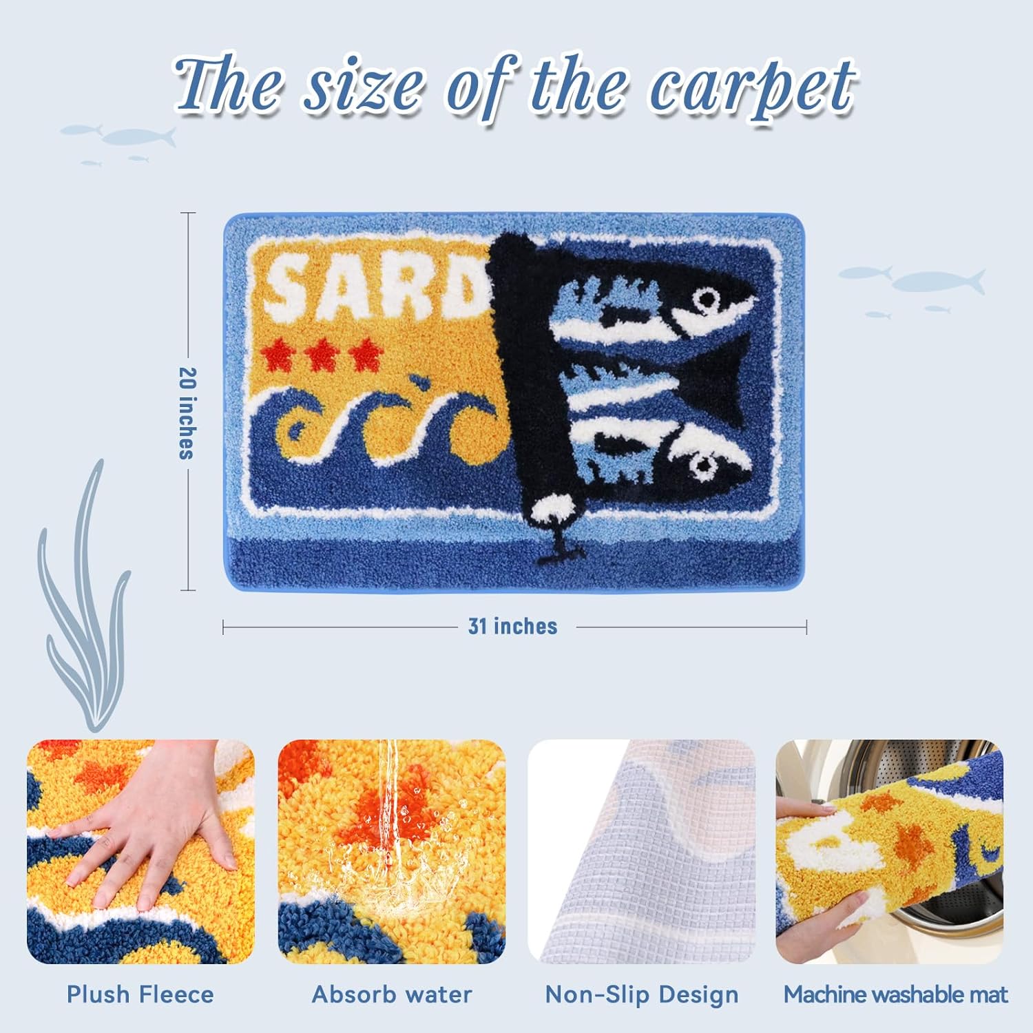 Sardine Can Bathroom Rugs, Funny Plush Fleece Fish Bath Mat, Washable Quick Dry Non-Slip Bathroom Carpet, Blue Home Decor Bath Mats for Bedroom Bathtub Entrance, 20 * 31 inches (Sardine Can)