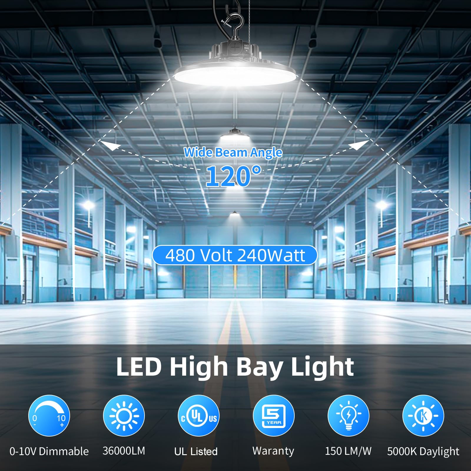 3 Pack 480V High Bay LED Lights 240W 36000LM 150LM W UL DLC Listed 0-10V Dimmable UFO High — view 2