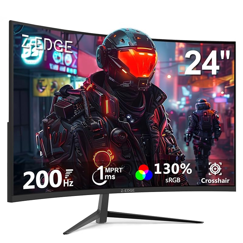 Monitor de jogos Z-Edge 24 polegadas curvo 200Hz 1ms MPRT, monitor LED Full HD 1080P 16:9, painel VA, 300cd/m² de brilho, FreeSync, HDMI e DisplayPort - Preto