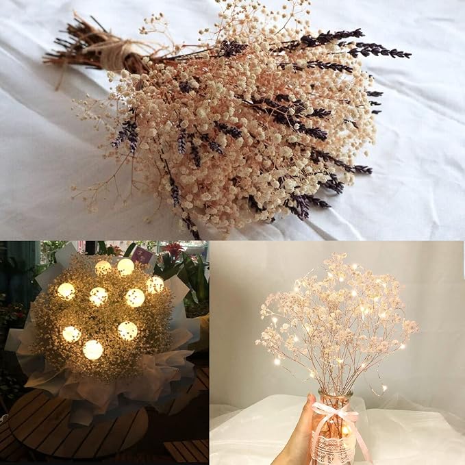 Ramo de flores secas Babys Breath con luces 17.2 pulg miniatura 6