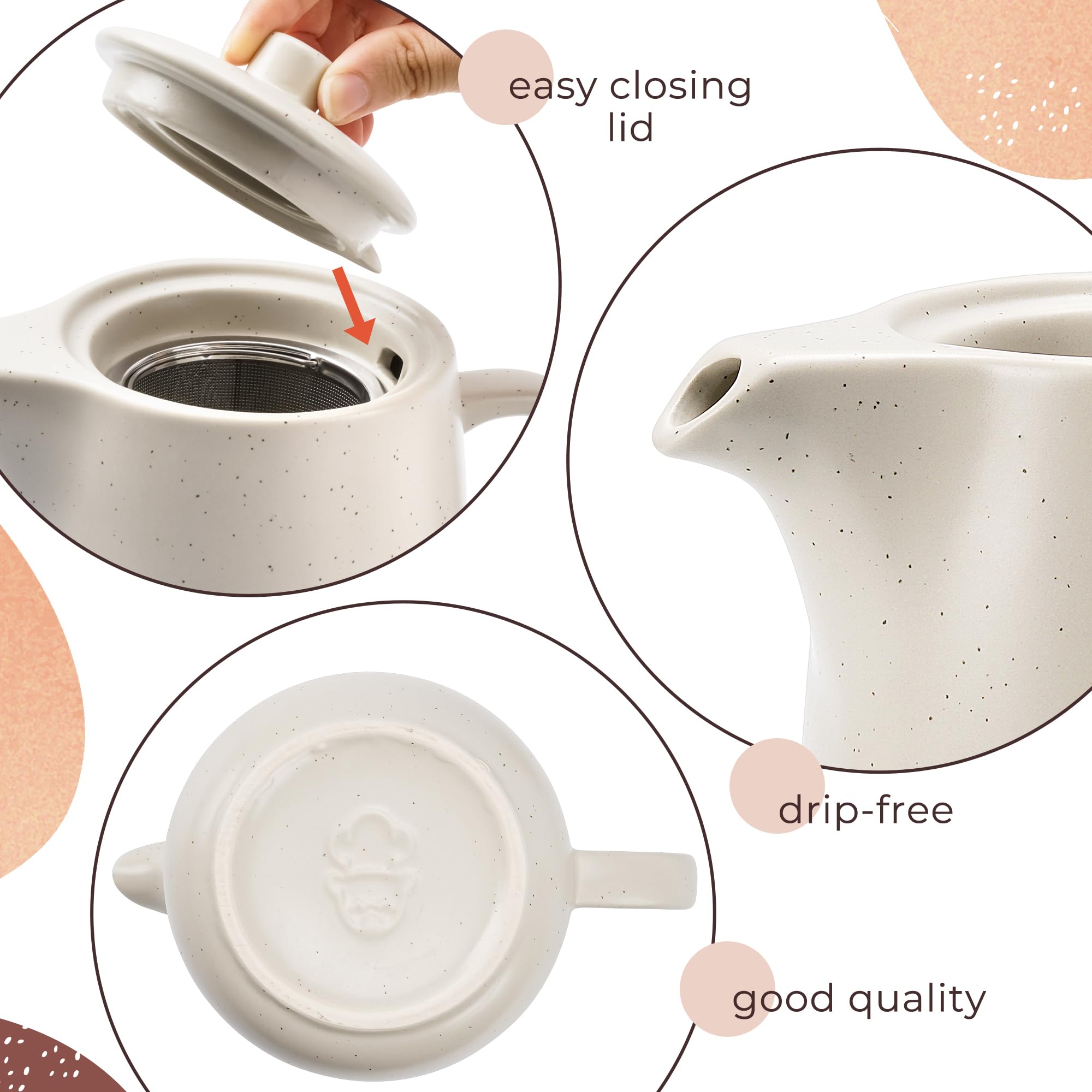 Teekanne mit Siebeinsatz - 1,2 l - Keramik Teekanne Schwarz (Anthrazit) - Teapot - Tee Zubehör - Tea Pot - Steingut Teezubereiter für Losen Tee (Beige)