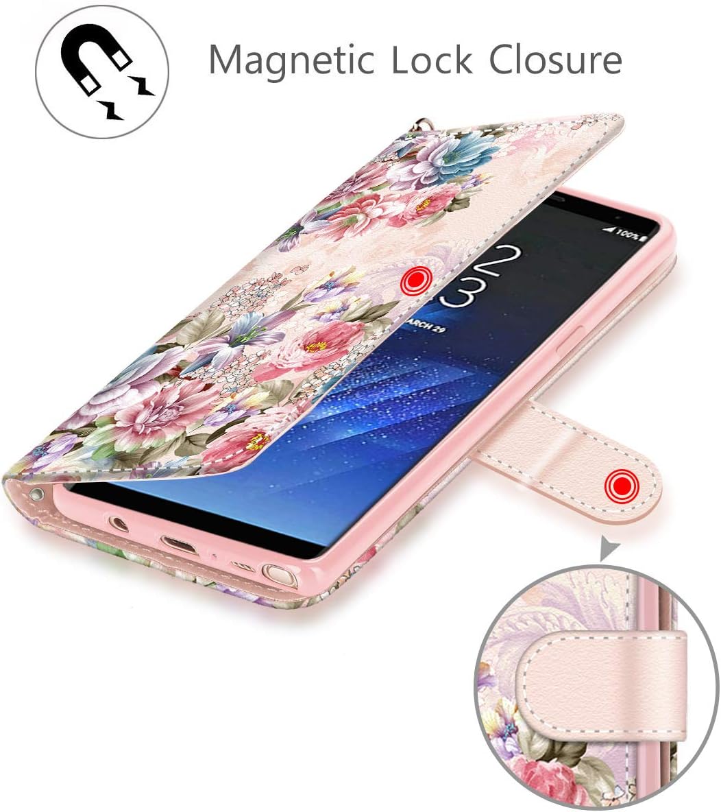 Galaxy Note 9 Case, Hocase PU Leather Full Body Protective Case with Credit Card Holders, Wrist Strap, Magnetic Closure for Samsung Galaxy Note 9 (2018) SM-N960 - Peony/Rose Gold