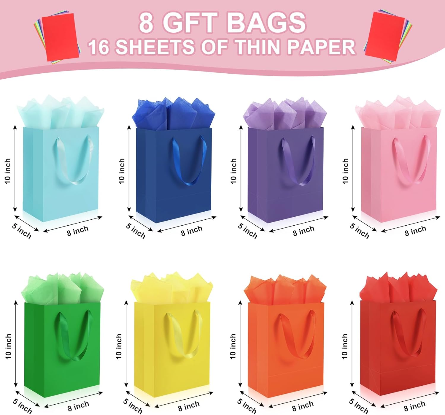 Epoesch 8 Pack Medium Gift Bags With Handles and 16 Tissue Paper, 8" X 5" X 10" Paper Bags Bulk for Birthday Party, Baby Shower, Wedding Favors, Valentine's Day & Easter (8 Colors, 1 Count (Pack of 8) ) - Image 2