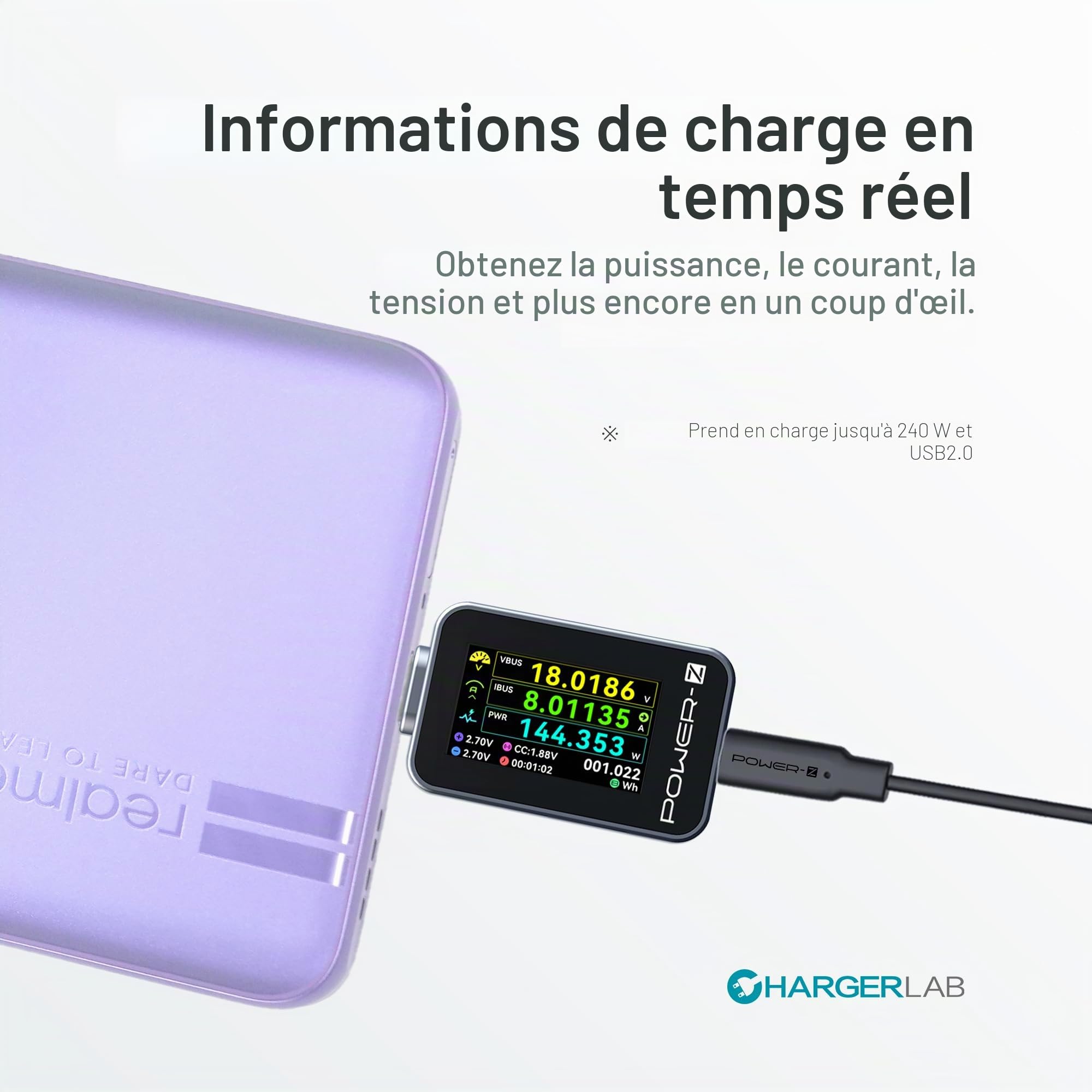 ChargerLAB Power-Z C240 Testeur de puissance numérique portable USB-C, prend en charge jusqu'à 240 W et PD3.1 QC5.0, pour téléphones USB-C, ordinateurs portables, chargeurs et plus encore