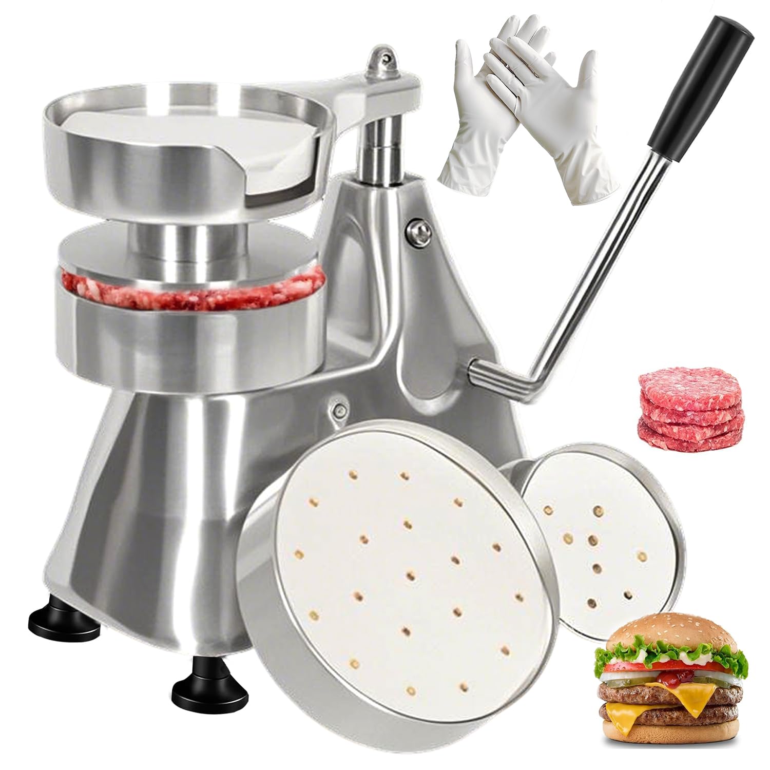 JOHAKYU 3 - in - 1 Commercial Burger Patty Maker, Hamburger Beef Patty Press Stainless Steel Bowl, Heavy - Duty Meat Forming Processor(4/5/6 - inch), Burger Machine with 1200 Pcs Patty Papers